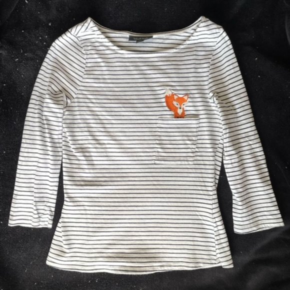 ModCloth Fox White Blue Striped Tee Shirt 3/4 Sleeves, XSmall - Picture 2 of 5